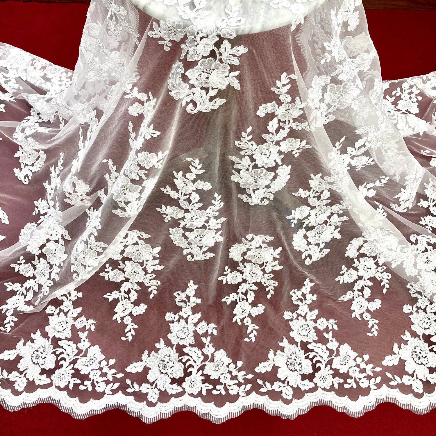 1 Yard Luxurious Corded Bridal Lace Fabric Embroidered on 100% Polyester Net Mesh – Silver – 54"