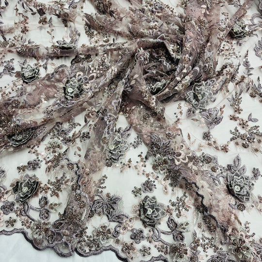 1 Yard Beaded Rhinestone 3D Floral Lace Fabric Embroidered 100 Percent Polyester Net Mesh 50 inch Width