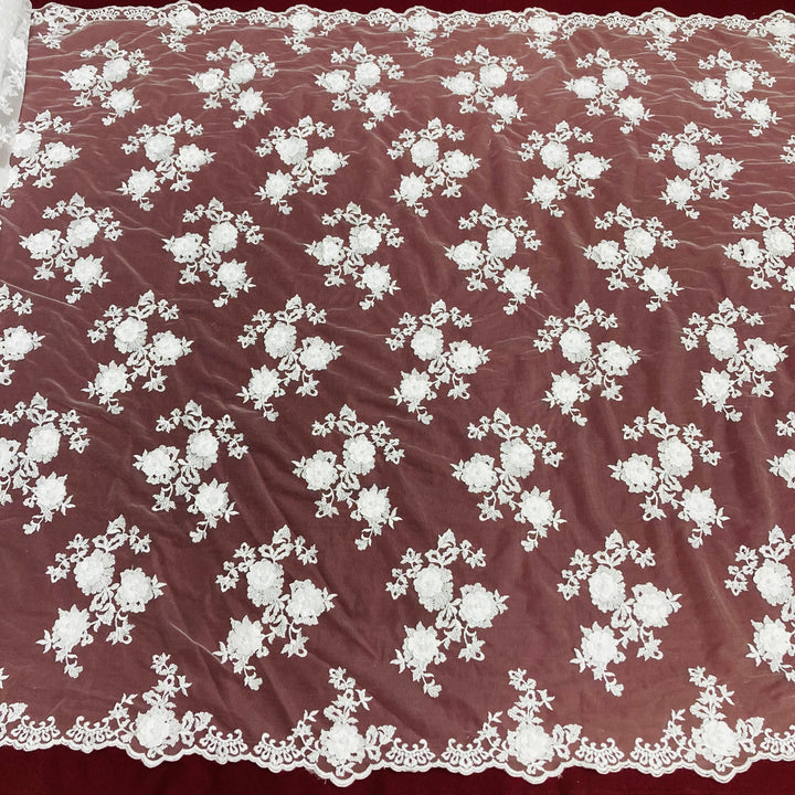 1 Yard Beaded 3D Floral Lace Fabric Embroidered on 100% Polyester Net Mesh White