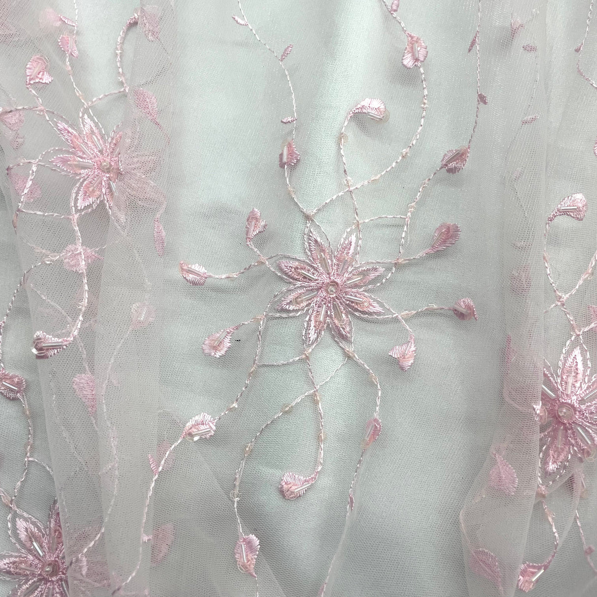 Beaded Lace Fabric on Polyester Net Mesh