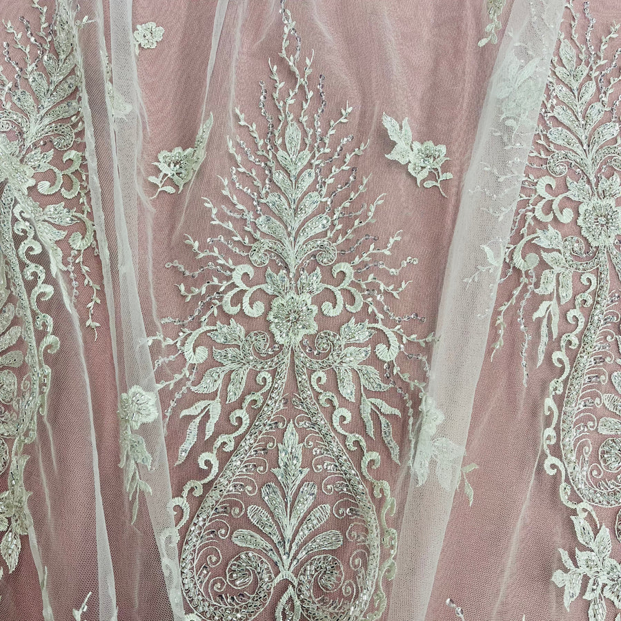 1 Yard Luxurious Beaded Lace Fabric Embroidered on Polyester Net Mesh White and Ivory