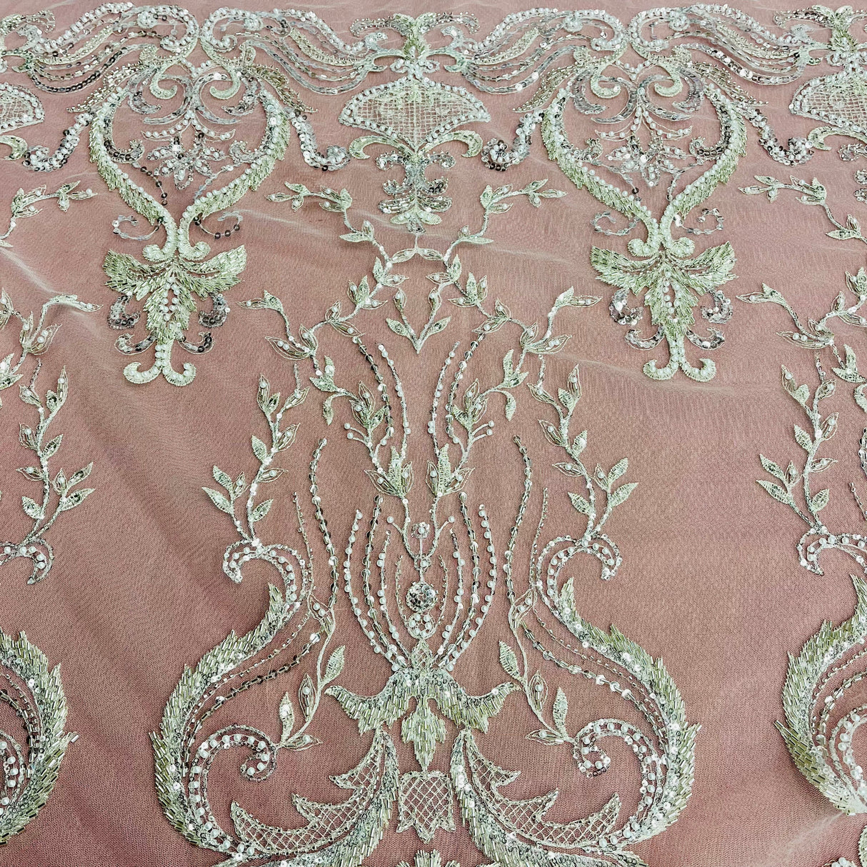 Beaded Lace Fabric on Polyester Net Mesh