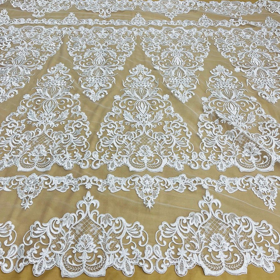 1 Yard Corded Bridal Lace Fabric Embroidered on 100 Percent Polyester Net Mesh 53 Inch Width