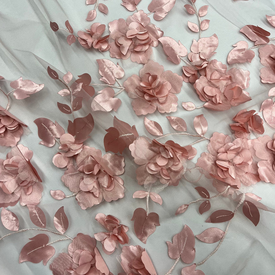1 Yard - 3D Floral Lace Fabric Embroidered on 100% Polyester Soft Tulle Net Mesh