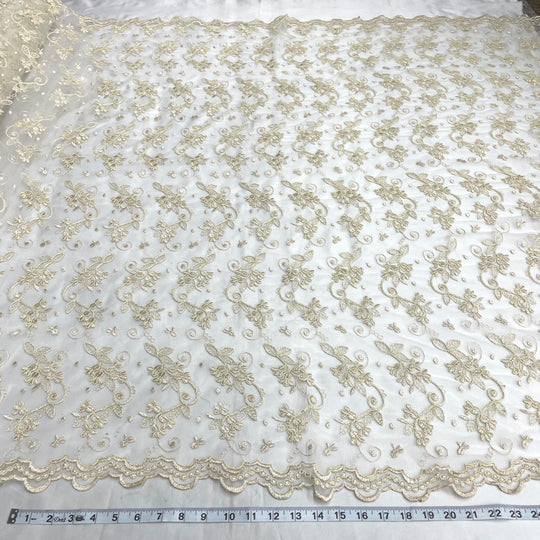 1 Yard Corded Bridal Lace Fabric Embroidered on 100% Polyester Net Mesh | Lace USA - 95388W - Antique Gold - 54" Wide