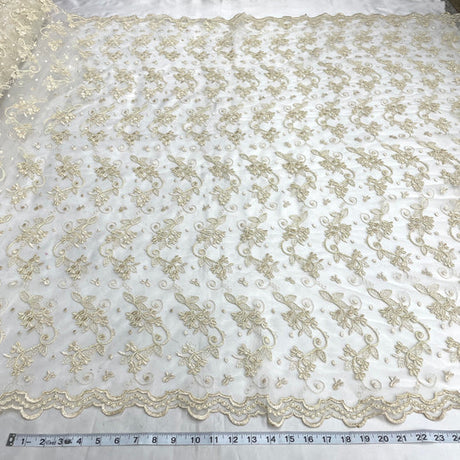 1 Yard Corded Bridal Lace Fabric Embroidered on 100% Polyester Net Mesh | Lace USA - 95388W - Antique Gold - 54" Wide