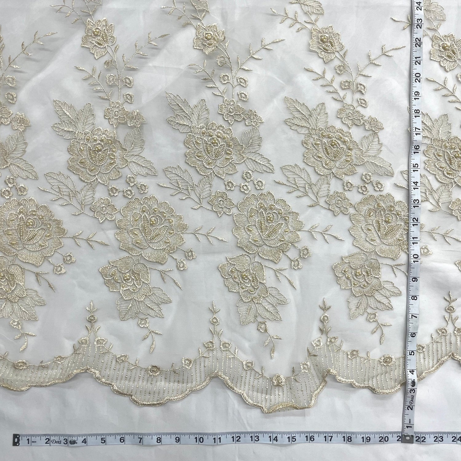 1 Yard Silver Beaded Embroidered Lace Fabric on Polyester Net Mesh for Bridal and Evening Couture – 52"