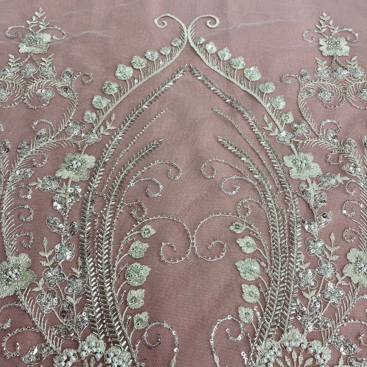 Beaded Lace Fabric Embroidered On 100 Percent Polyester Net Mesh - White, Ivory, Antique Silver, 51" Width (1 Yard)