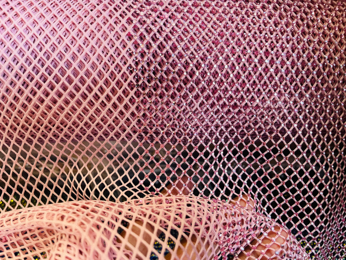 AB Rhinestones On A Fish Net Polyester Fabric - Iridescent Rhinestone Mesh, 1 Yard