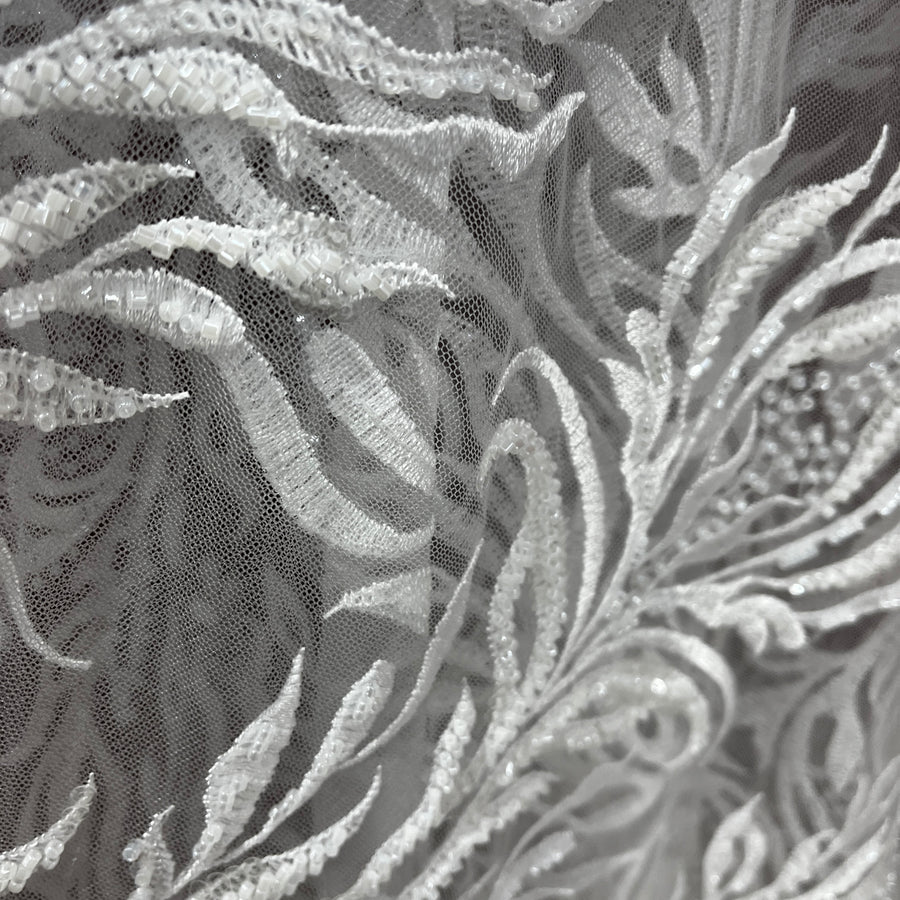 1 Yard Beaded Lace Fabric Embroidered on 100% Polyester Net Mesh | Off White