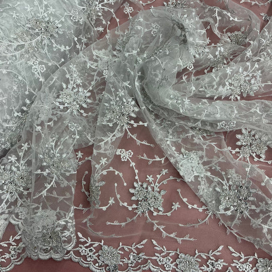 1 Yard Beaded Corded Bridal Lace Fabric Embroidered on 100 Percent Polyester Net Mesh Gold