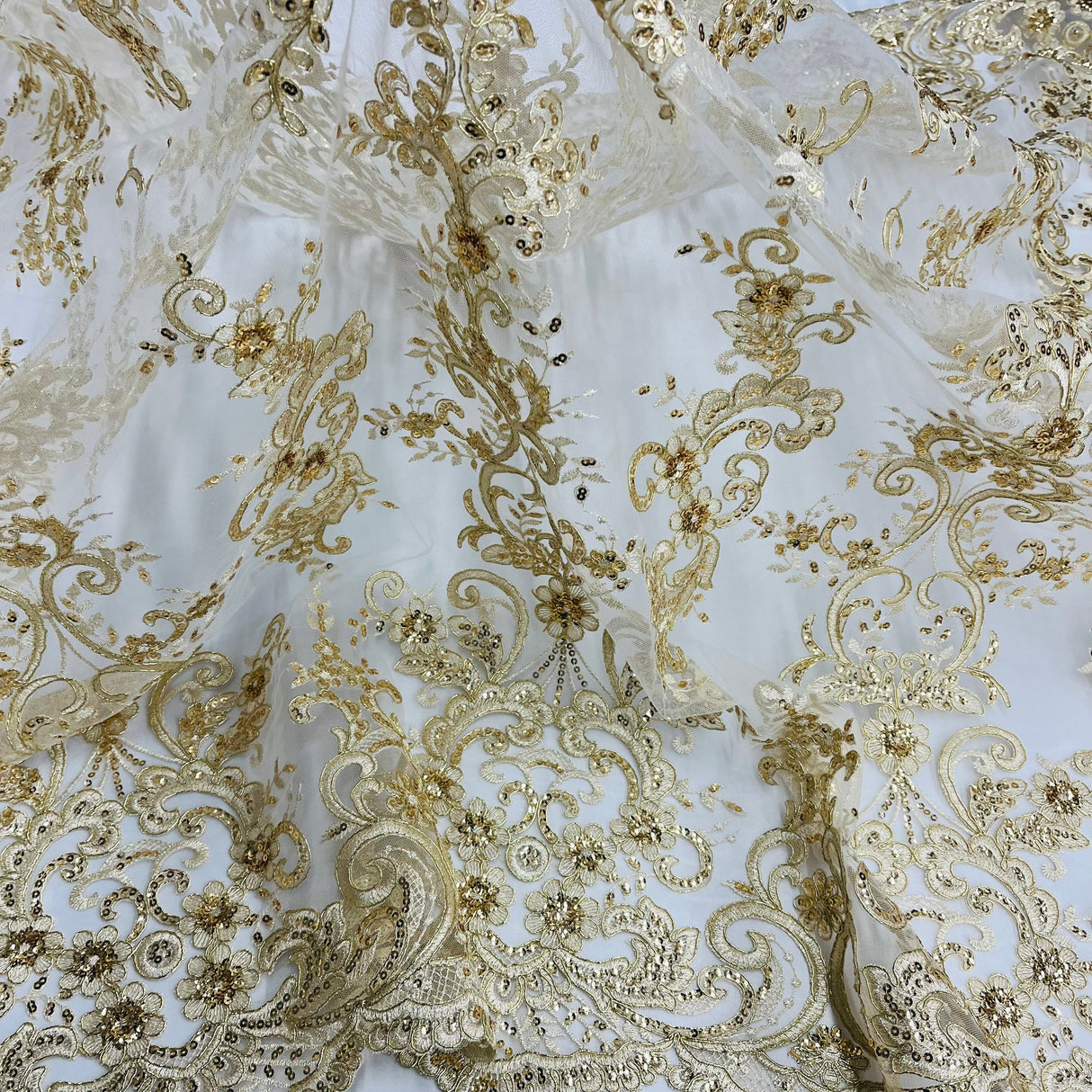 Beaded Corded Bridal Lace Fabric on Polyester Net Mesh