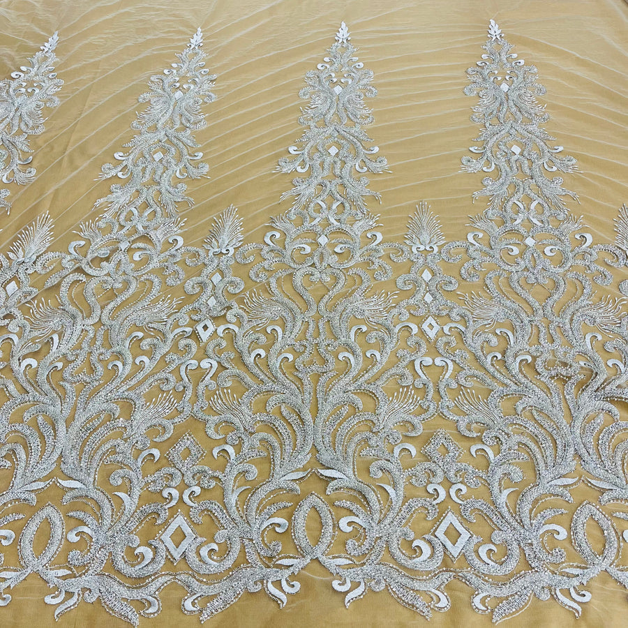 1 Yard Beaded Lace Fabric Embroidered with Fuzzy Thread on Polyester Net Mesh