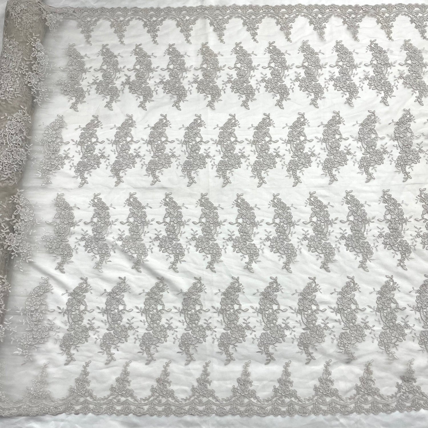 1 Yard Silver Corded Bridal Lace Fabric Embroidered on Polyester Net Mesh for Wedding and Evening Gowns – 54"