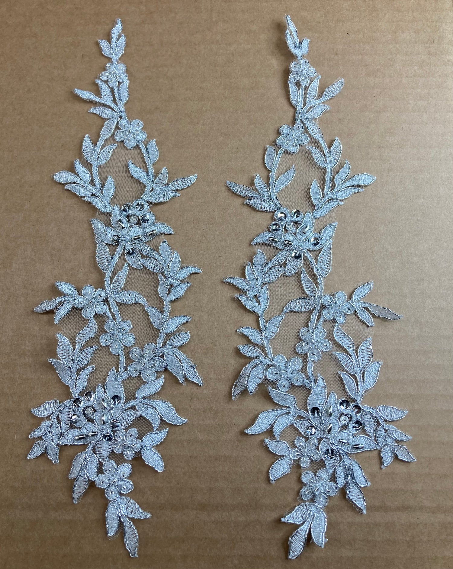 1 Pair Beaded & Corded Floral Lace Applique 13" x 4" Each Side