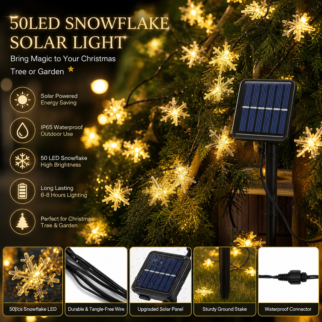 50 LED Solar Snowflake String Lights Warm White Outdoor Decor