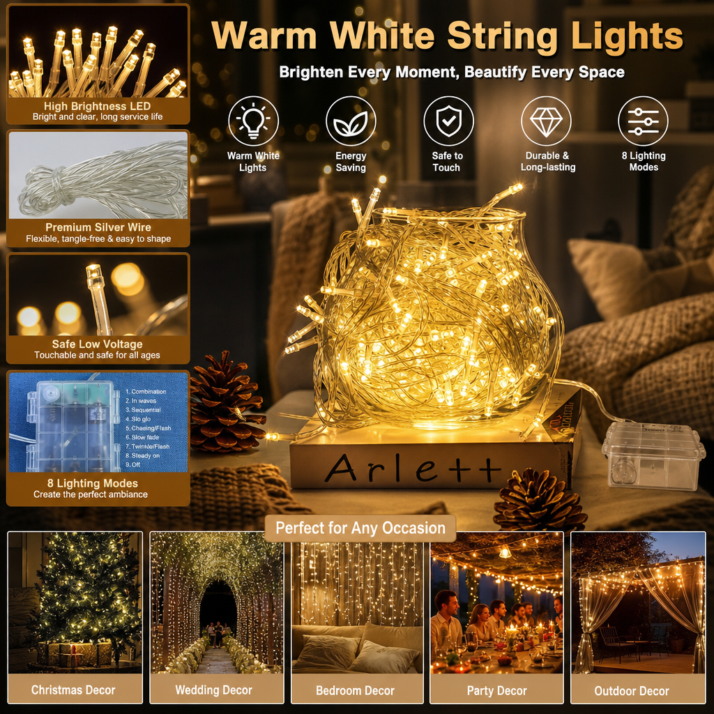 USB LED Curtain String Lights 8 Modes Christmas Window Decor