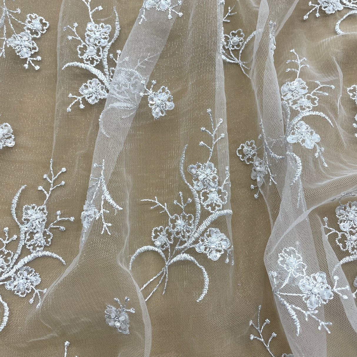 Beaded Lace Fabric on Polyester Net Mesh