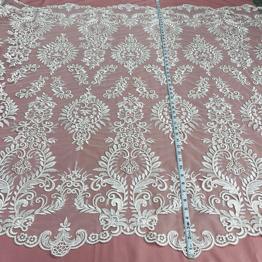 1 Yard Corded Bridal Lace Fabric Embroidered on Polyester Net Mesh Ivory