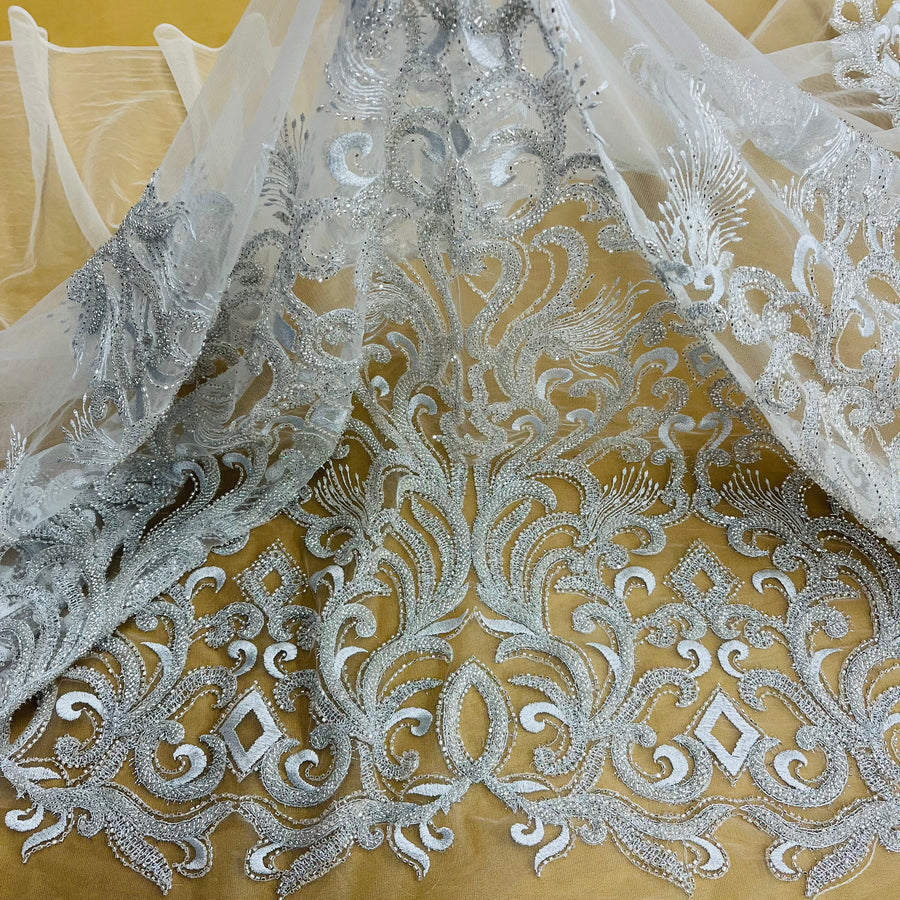 1 Yard Beaded Lace Fabric Embroidered with Fuzzy Thread on Polyester Net Mesh