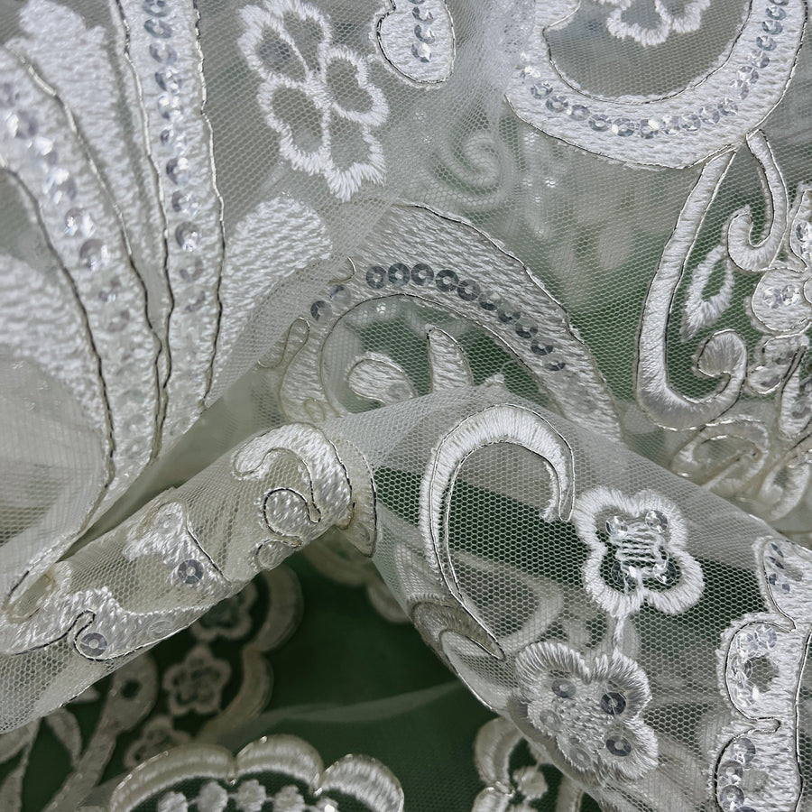 1 Yard Ivory with Silver Beaded and Corded Bridal Lace Fabric on Polyester Net Mesh 51 Inch Width