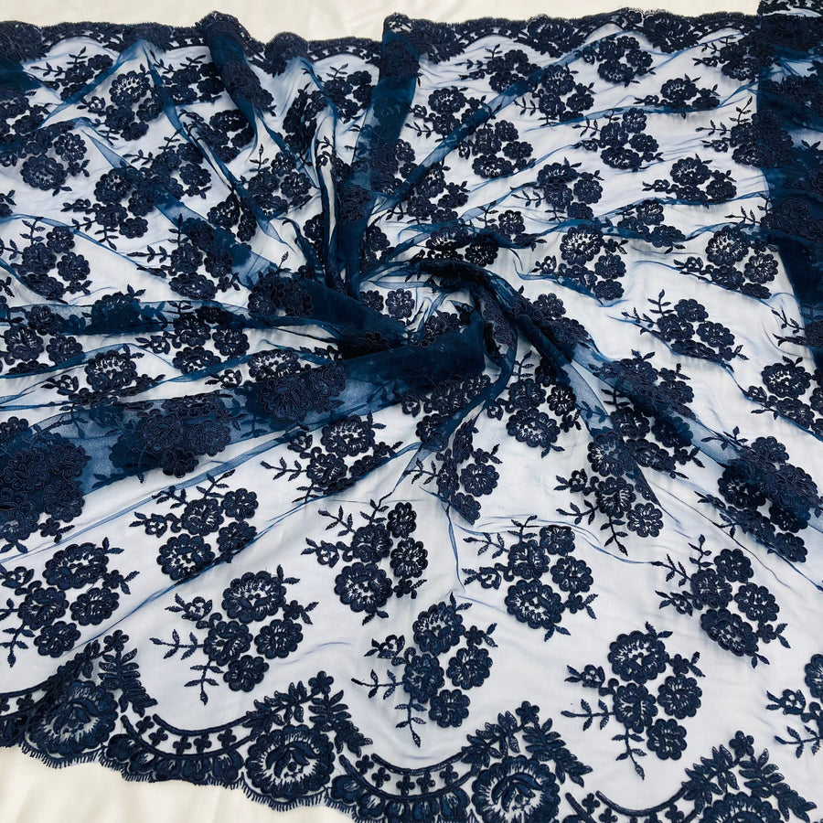 1 Yard - Corded Bridal Lace Fabric Embroidered on 100% Polyester Net Mesh - 50"