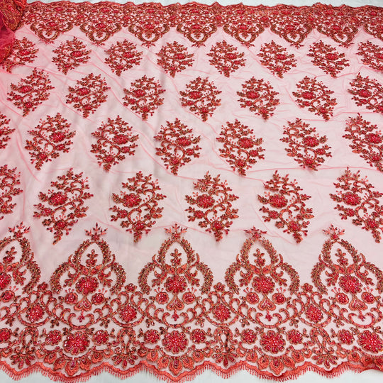1 Yard Luxurious Beaded and Corded Bridal Lace Fabric Embroidered on Polyester Net Mesh