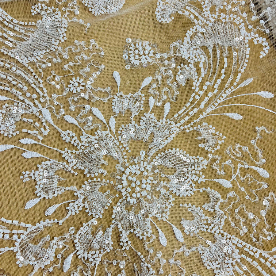 1 Yard Beaded Lace Fabric Embroidered on 100% Polyester Net Mesh