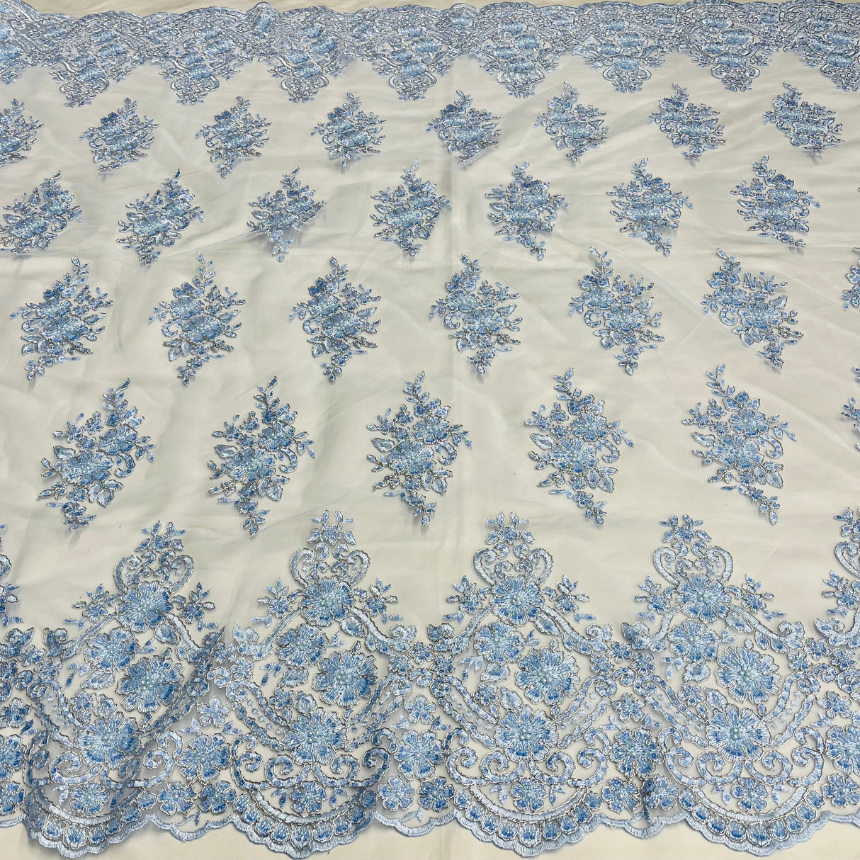 Beaded Corded Lace Fabric Metallic Scallops