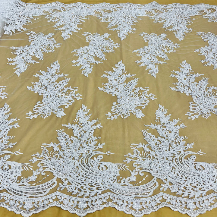 1 Yard Beaded and Corded Bridal Lace Fabric Embroidered on 100% Polyester Net Mesh White