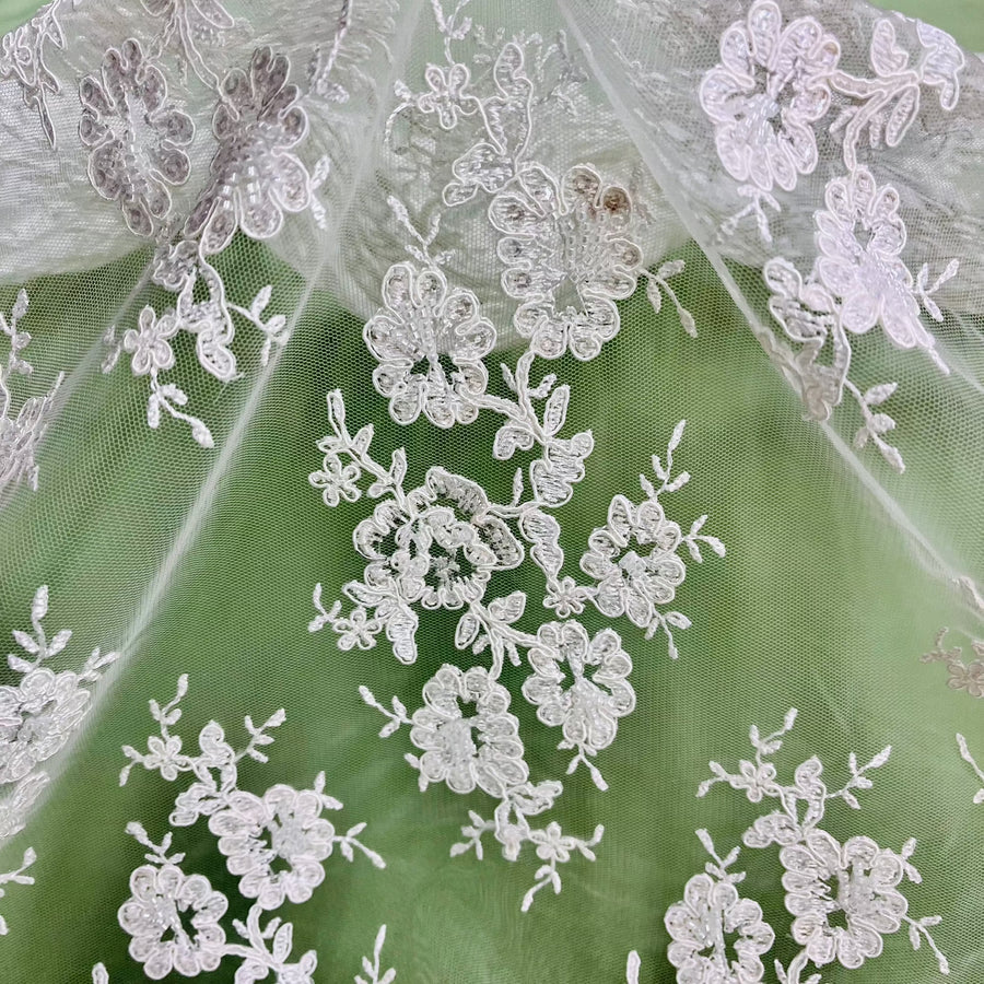 1 Yard Ivory Beaded and Corded Bridal Lace Fabric Embroidered on Polyester Net Mesh 51 Inch Width
