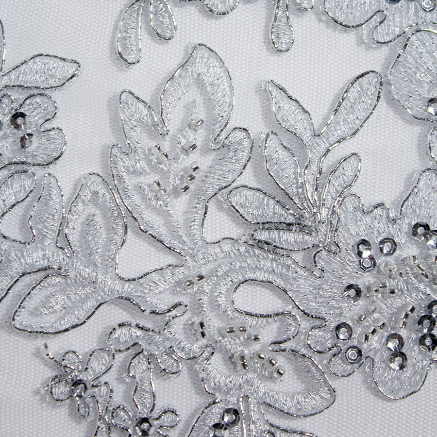 1 Yard Beaded and Corded Bridal Lace Fabric Embroidered on Polyester Net Mesh