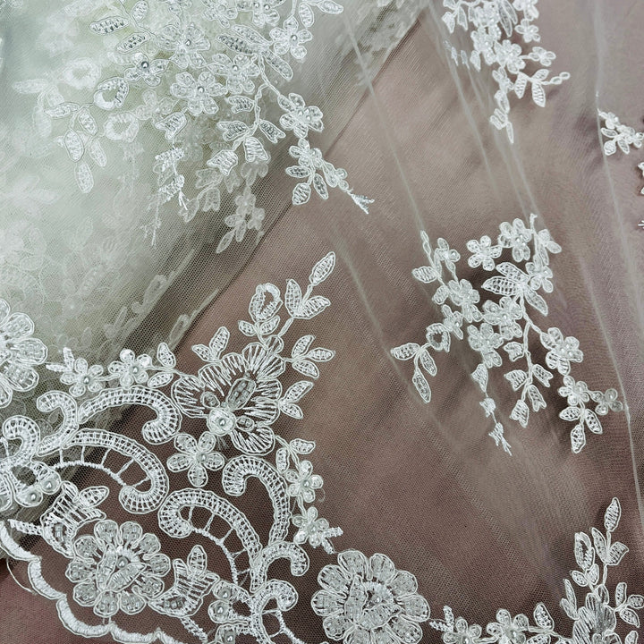 1 Yard Beaded and Corded Bridal Lace Fabric Embroidered on 100% Polyester Net Mesh White
