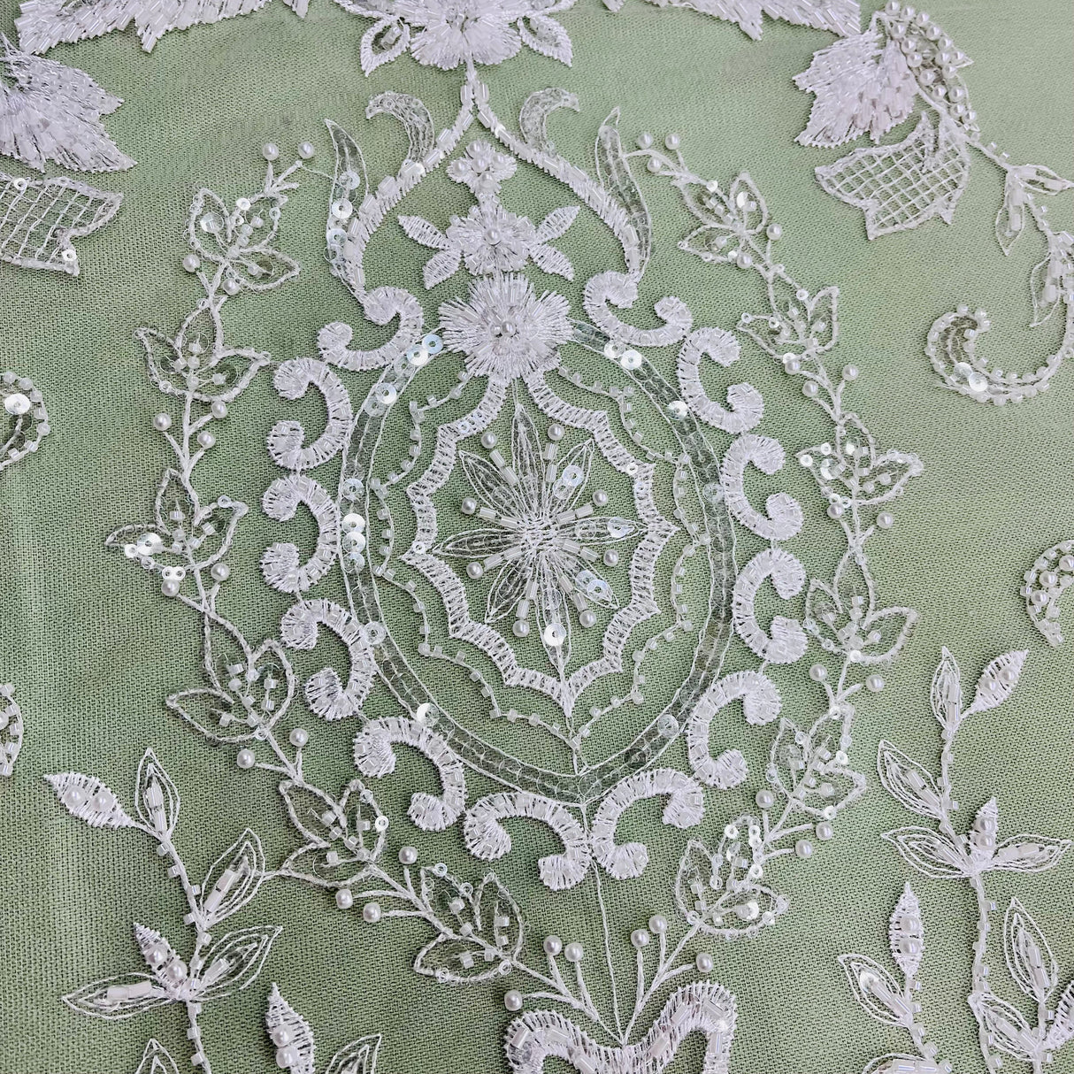 Beaded Lace Fabric on Polyester Net Mesh