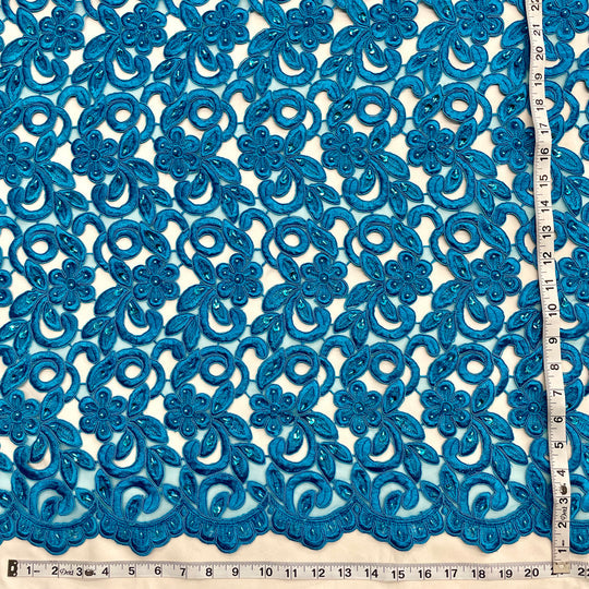1 Yard Luxurious Beaded and Corded Bridal Lace Fabric Embroidered on Polyester Net Mesh
