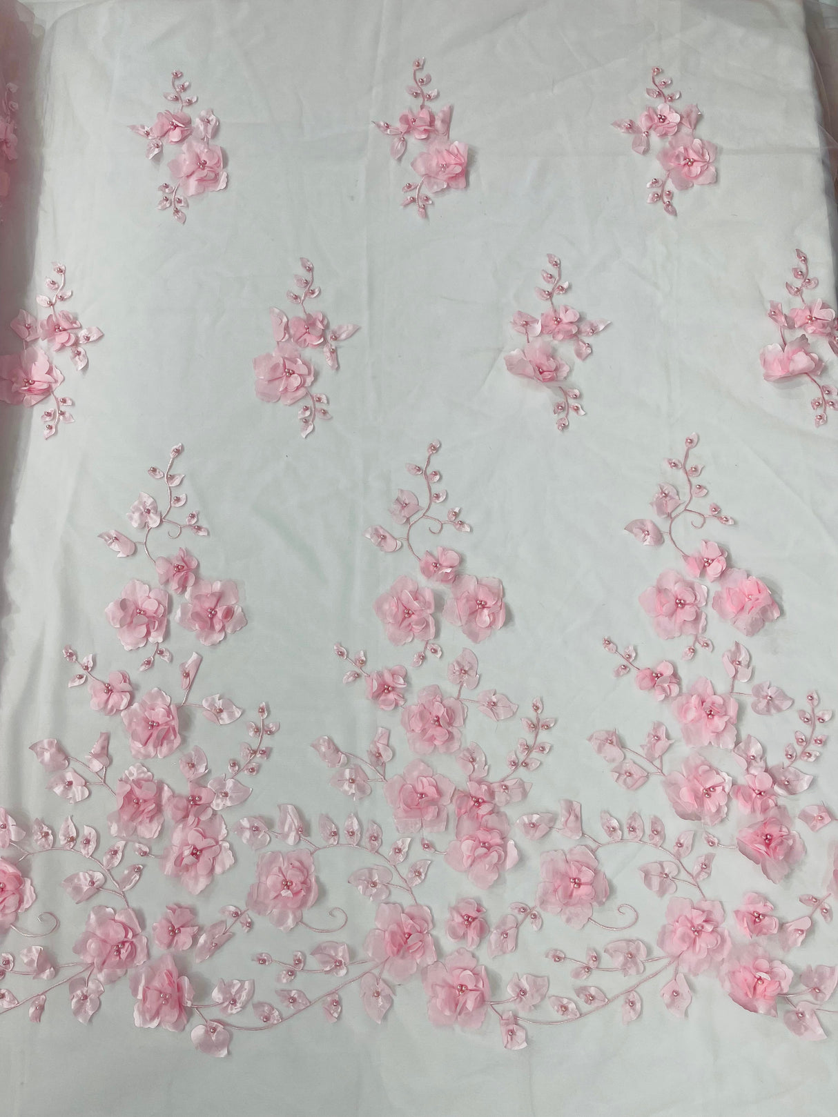 Orquidia 3D Floral Design Embroidered With Pearls Lace Fabric - 3D Floral Mesh Lace, 54" Width (1 Yard)