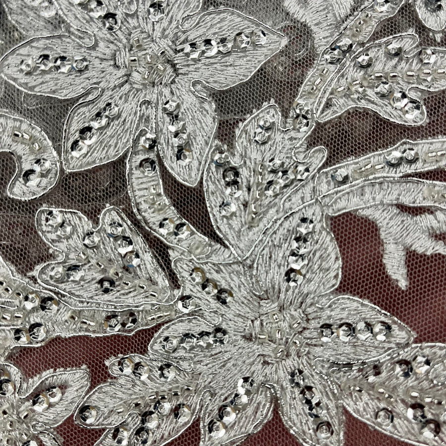 1 Yard Beaded and Corded Bridal Fabric Lace Embroidered on Polyester Net Mesh