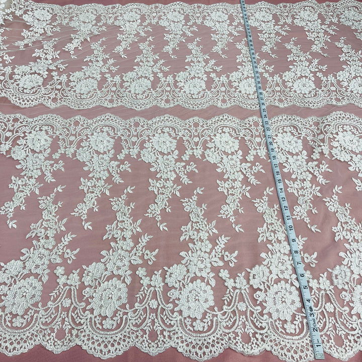 1 Yard Exquisite Corded Bridal Lace Fabric with Embroidered Floral Details White