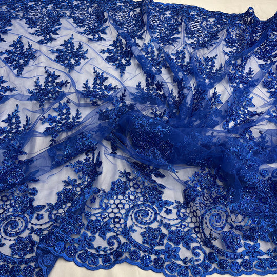 1 Yard Beaded and Corded Bridal Lace Fabric Embroidered on Polyester Net Mesh