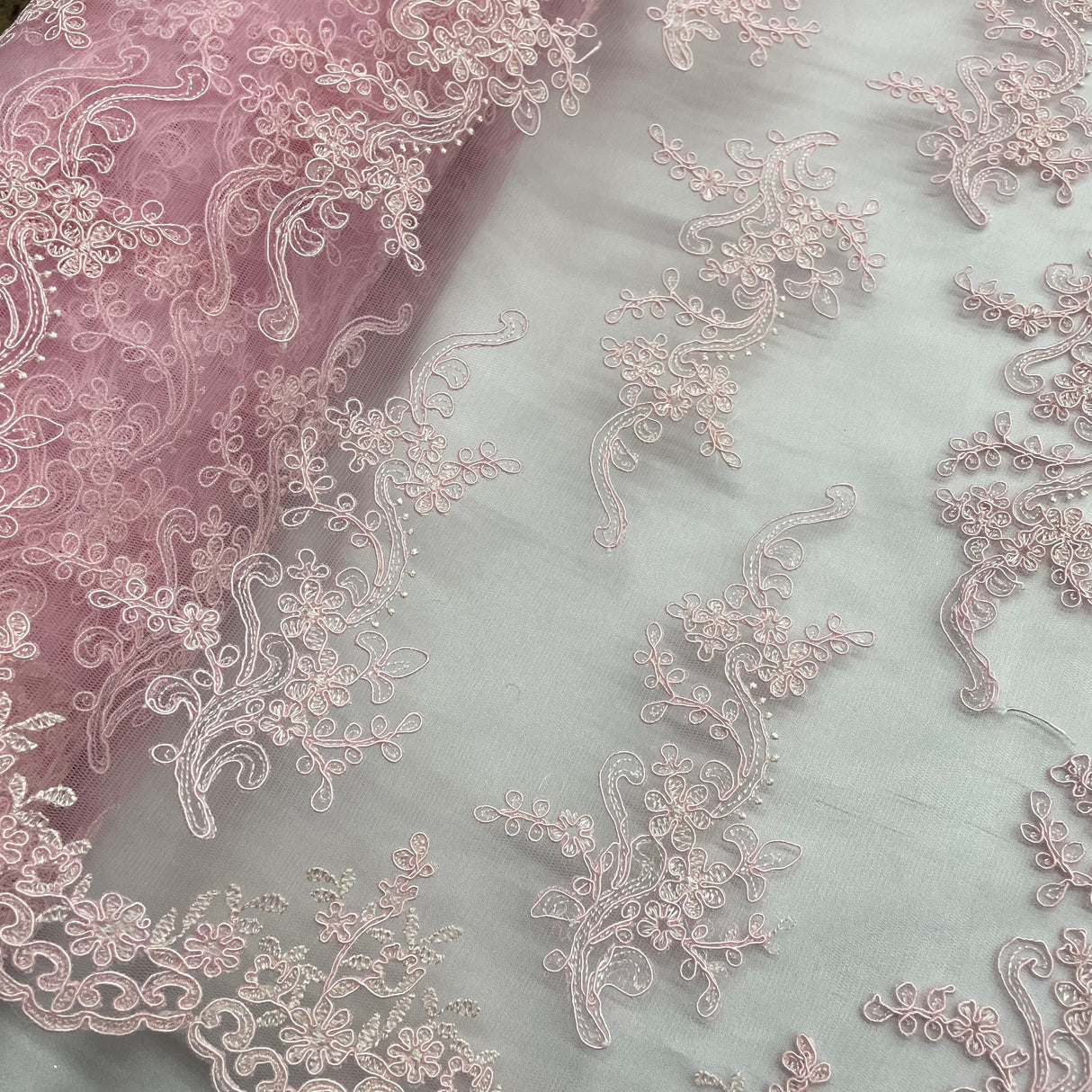 Corded Bridal Lace Fabric - Embroidered Polyester Net Mesh, Approximately 54" Width (1 Yard)