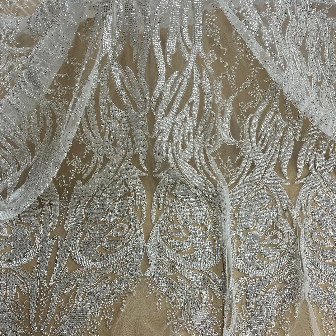 1 Yard Beaded & Corded Bridal Lace Fabric Embroidered on 100% Polyester Net Mesh