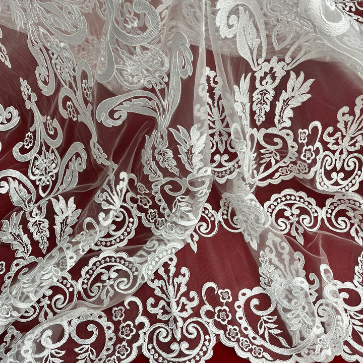 1 Yard Corded Bridal Lace Fabric Embroidered on 100% Polyester Net Mesh White