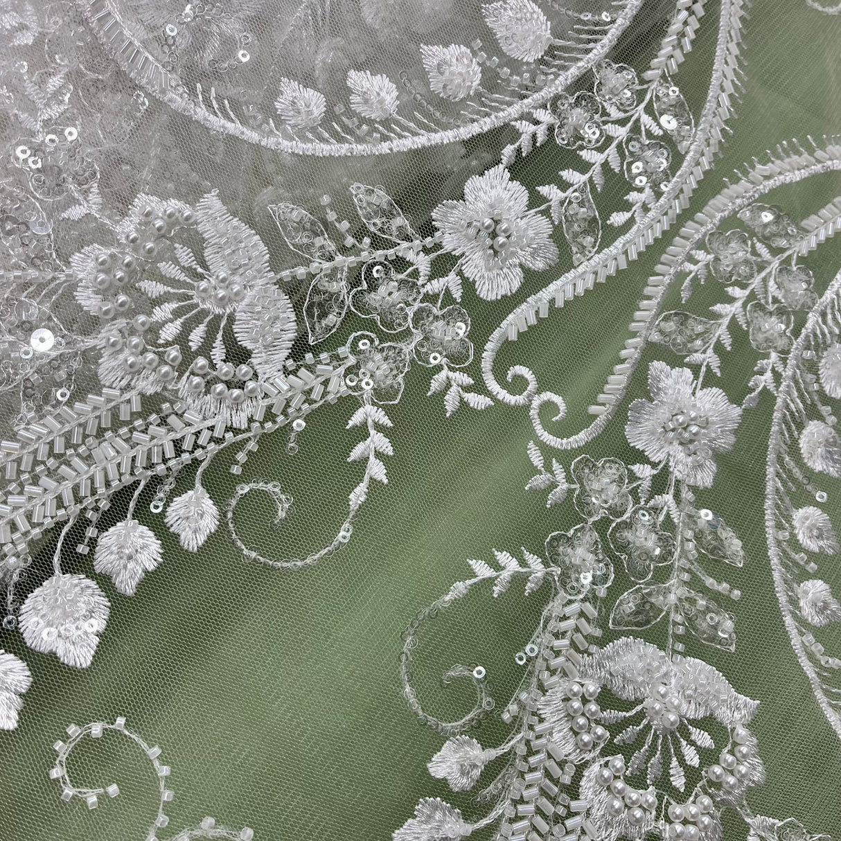 Beaded Lace Fabric Embroidered On 100 Percent Polyester Net Mesh - White, Ivory, Antique Silver, 51" Width (1 Yard)