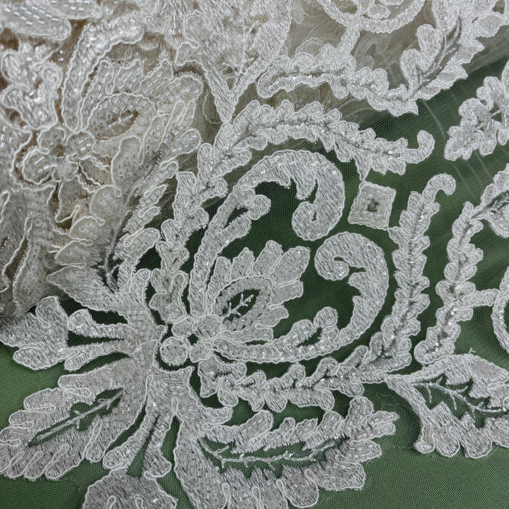 1 Yard Stunning Beaded and Corded Bridal Lace Fabric Embroidered on 100% Polyester Net Mesh White