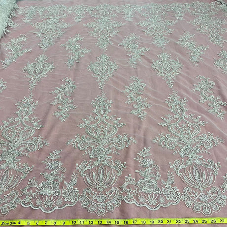 1 Yard Elegant Beaded Lace Fabric Embroidered on Polyester Net Mesh White Ivory and Gold