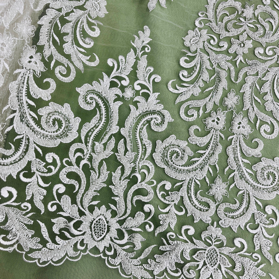 1 Yard Beaded Lace Fabric Embroidered on 100% Polyester Net Mesh | Off White, Ivory