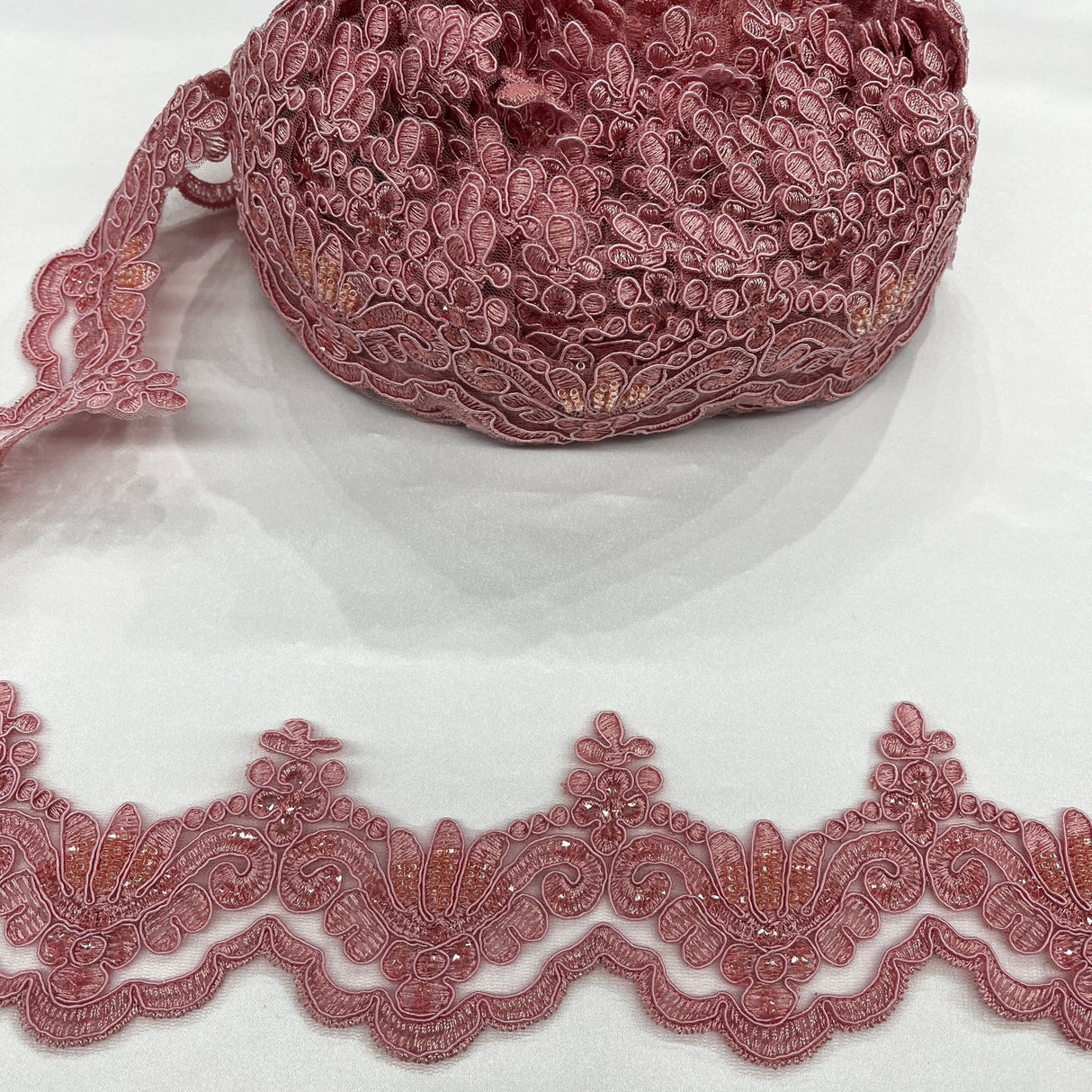 Beaded Corded Lace Trim on Polyester Net Mesh 3" Wide