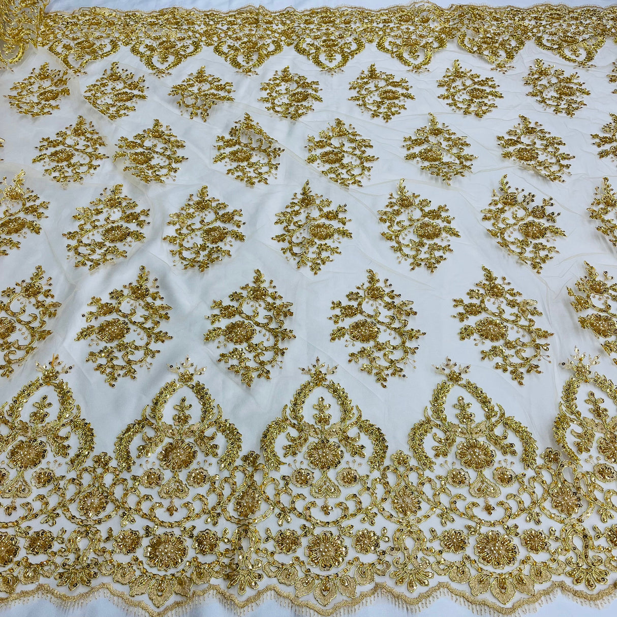 Beaded Corded Bridal Lace Polyester Fabric - Embroidered Net Mesh, Royal Blue, 53" Width (1 Yard)
