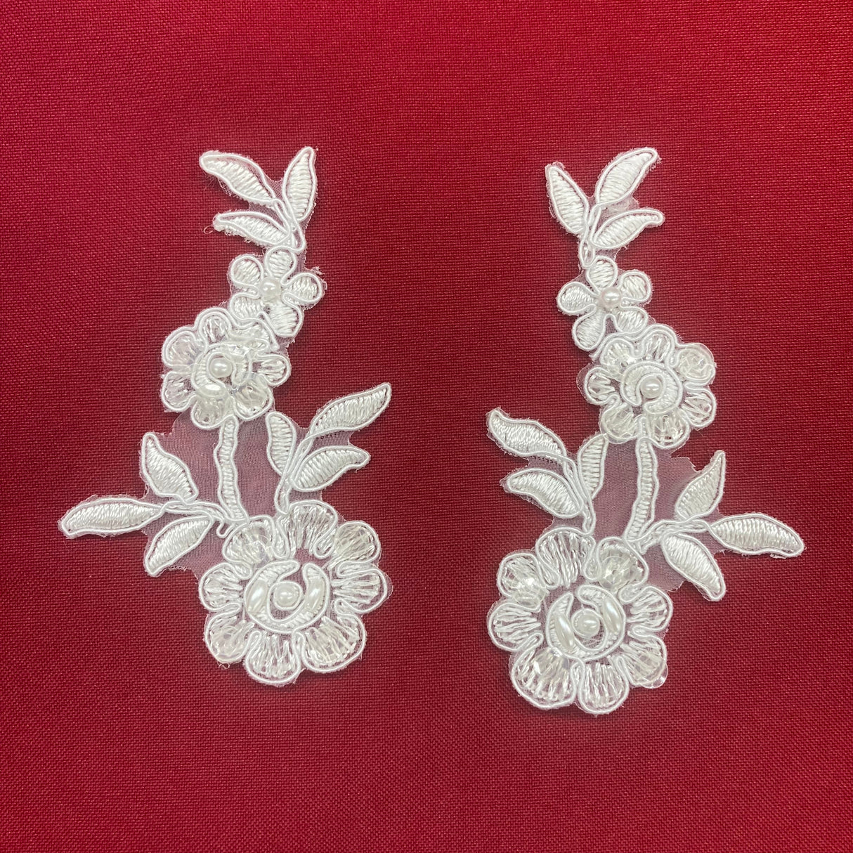Beaded Corded Floral Lace Applique 4" x 2"