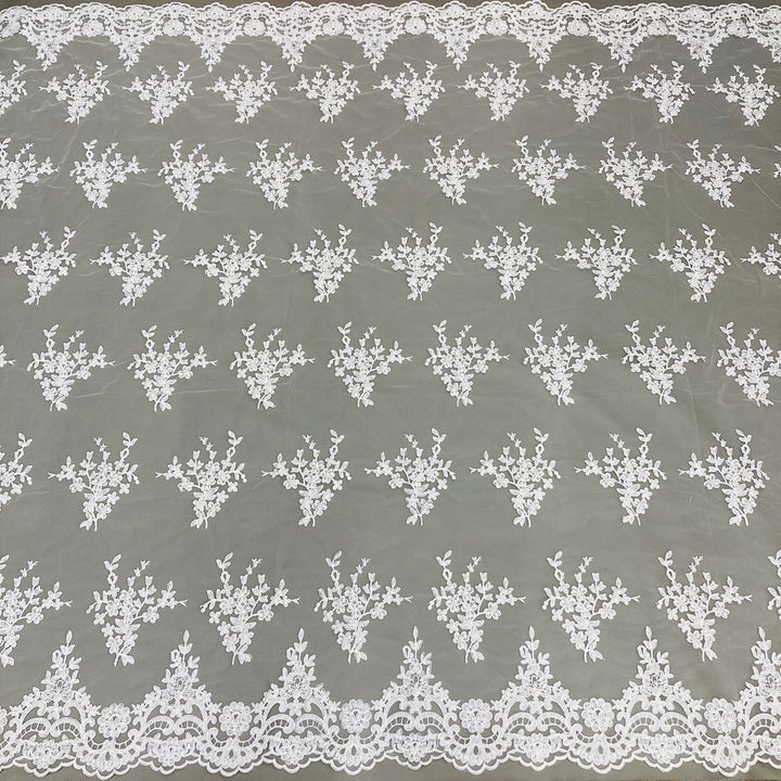 1 Yard Beaded and Corded Bridal Lace Fabric Embroidered on 100% Polyester Net Mesh White